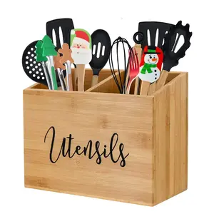 Wooden Utensil Holder for Kitchen Countertop, Utensil Caddy with 2 Compartments, Kitchen Utensil Organizer for Kitchen Counter, Utensil Crock for Gathering, Picnic, Party, Teak Nonstick Cooking Set kitchen utensil holder ideal organizer holiday haul