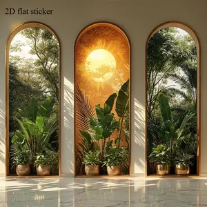 3 Piece Tropical Arch Window Wall Stickers, Glossy Banana Leaf and Palm Tree Jungle Decals, Border, Easy Install Removable