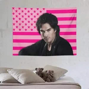 Damon Salvatore Celebrity and Decorations Ian Stuff American Pink Flags Wall Funny Tapestry Hanging Somerhalder Merch for Dorm Bedroom Decorative Aesthetic Tapestries