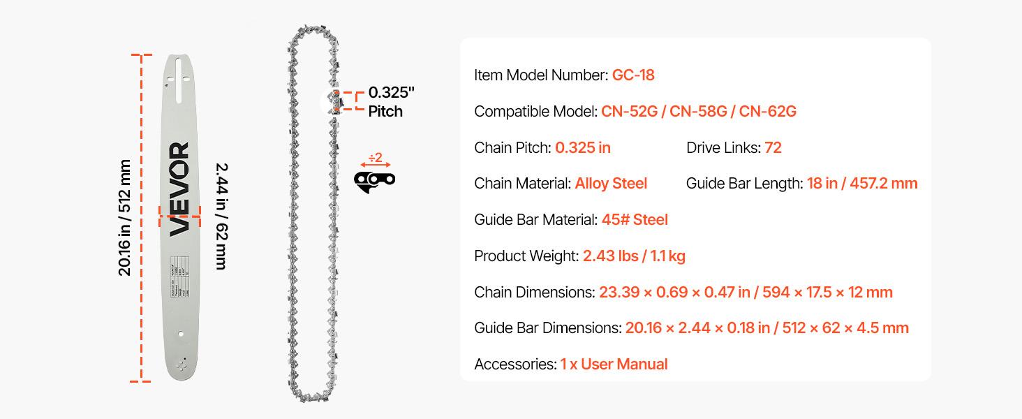 VEVOR Bar & Chainsaw Chain Combo 18" .325" Pitch .058" Gauge 72 Drive Links, Fits VEVOR CN-52G / CN-58G / CN-62G Gas Chainsaw, Alloy Steel, Replacement Guide Bar & Saw Chain with Sharp Cutter Teeth