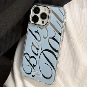 Blue Mirror Phone Case with English Letters  For iPhone 16 15 14 13 12 11 Promax Plus Pro