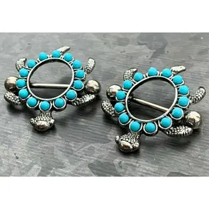 PAIR of Unique Teal Turtle Design Steel Nipple Barbells / Shields / Rings