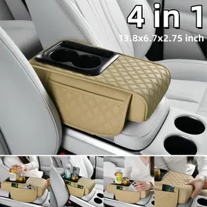 4 in 1 Universal Car Armrest Cover Pad - 13.8x6.7x2.75 inch PU Leather Center Console Cover with Cup Holder & 2 Pockets, Multifunctional Hand Rest Cushion Protector Top Car Middle Center Console Armrest Cover Pad Mat
