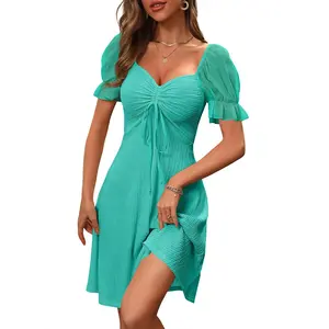Imily Bela  Womens Summer Sweet Short Puff Sleeve Cute Mini Dress Cozy Drawstring Sweetheart Neck Casual Slim Flowy Sundress