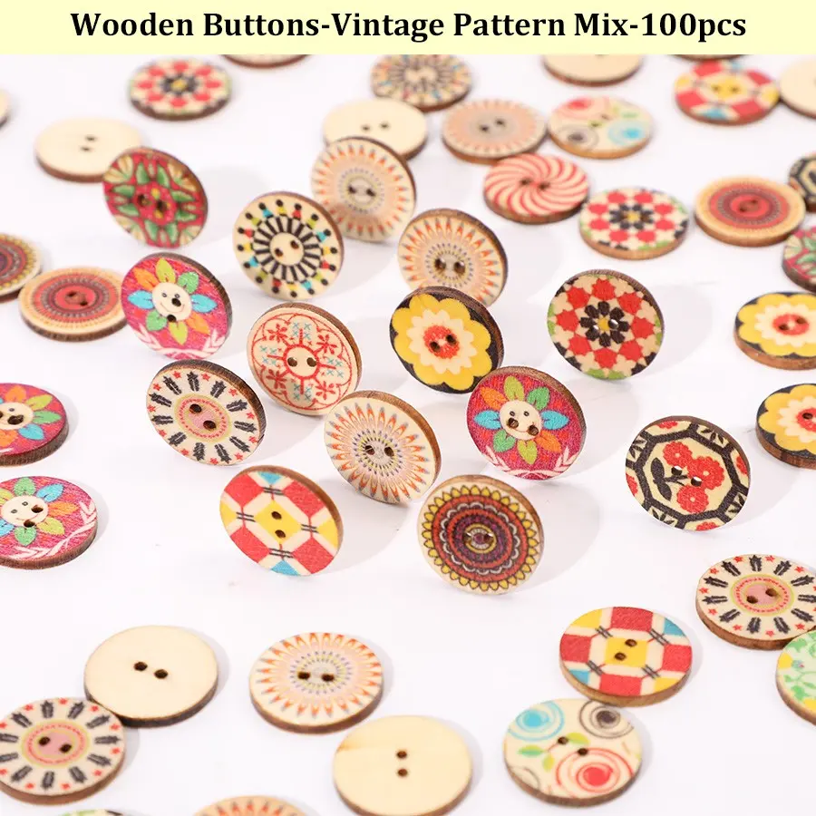 Mixed Size Vintage Wood Buttons, Colorful Printed Round Wooden Buttons,  20mm , Handmade Sewing DIY Craft Decor, 100 Pieces Per Pack