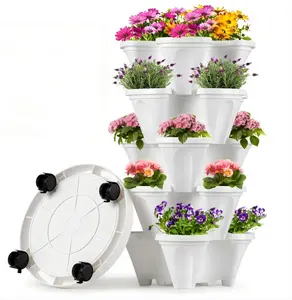 5 Tier Stackable Vertical Planter, Indoor Outdoor Flower Pot with Wheels & Tray, Garden Planter for Herbs, Flowers, Strawberries & Vegetables, White