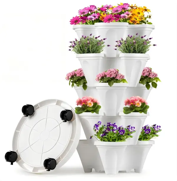 White Plastic 5-Tier Stackable Vertical Flower Pots & Planters - Movable with Wheels, Easy Assembly, Weatherproof, Space-Saving, Tray Included, Sunlight Access for Planting/Storage - Indoor-Outdoor Balconies/Kitchens, Compact