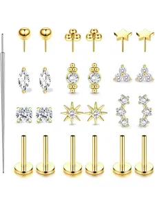 1 Set 20G 18G Threadless Flat Back Earrings, Hypoallergenic Push in Stud Earrings 14K Gold Plated 316L Surgical Steel Cartilage Helix Conch Tragus Nose Piercing Jewelry for Women, Fashion Body Jewelry