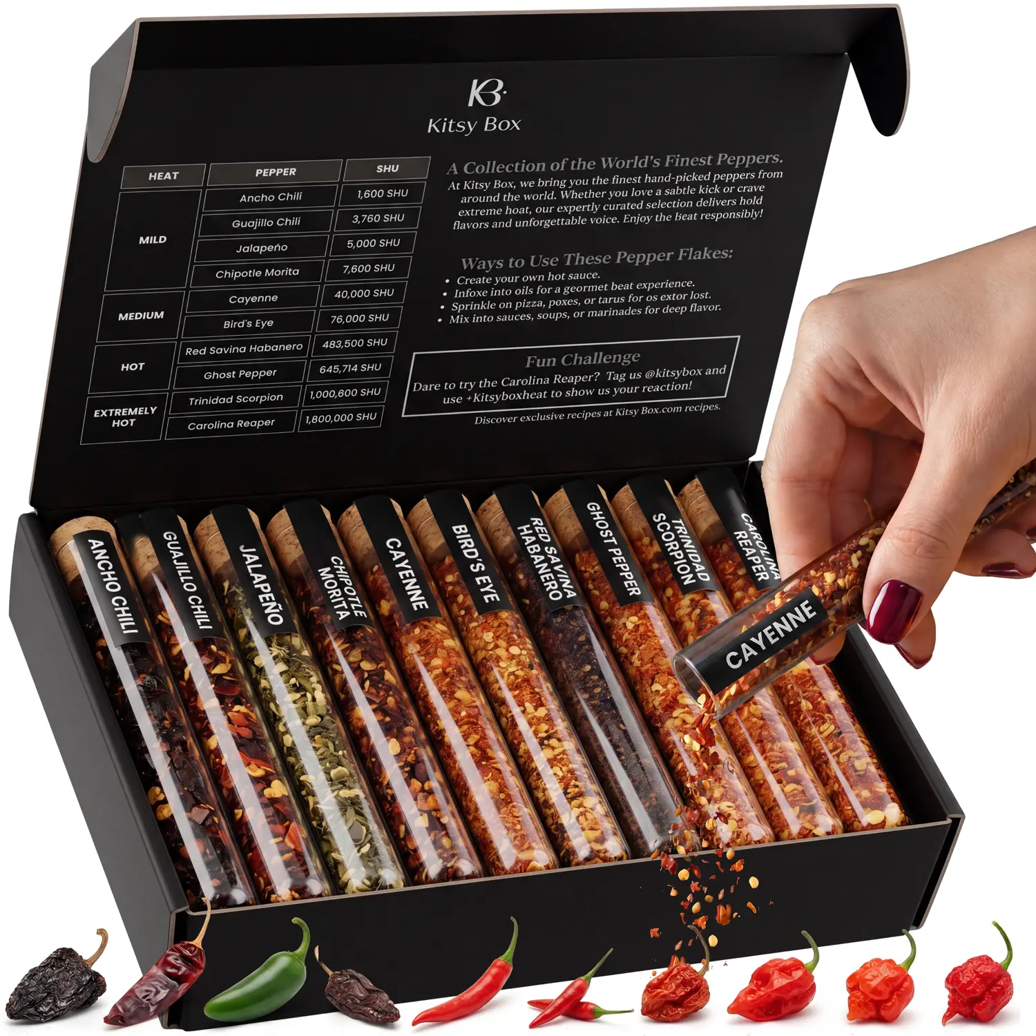 Kitsy Box Hot Pepper Flakes or Powder Gift Set -10 Dried Chili Flavor Varieties from Mild to Worlds Hottest Peppers |  Spices & Seasonings, Heat Challenge - Fathers Day Gift