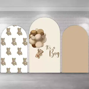 Oh Baby Shower Bear Arch Covers Stretchy Backdrop, White Beige Brown Balloons Background, Boys 1st Birthday Party Banner