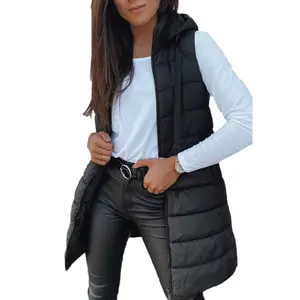 Women Long Vest Solid Color Sleeveless Hood Winter Puffer Vest Outwear