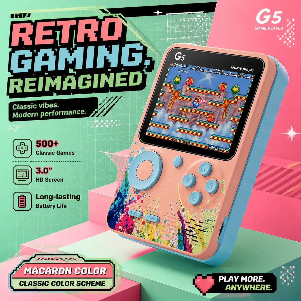 Retro handheld gaming console – 500 classic arcade games, 2-player support, USB-enabled, controller/gamepad, cable, pink single-player version, nostalgic play device for gamers