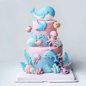 Ocean Series Birthday Cake Decorations, Party Ornaments, Whale Octopus Devilfish Dolphin Jellyfish Shell Inserts, Soft Clay Home Decoration for Kids Boys Girls