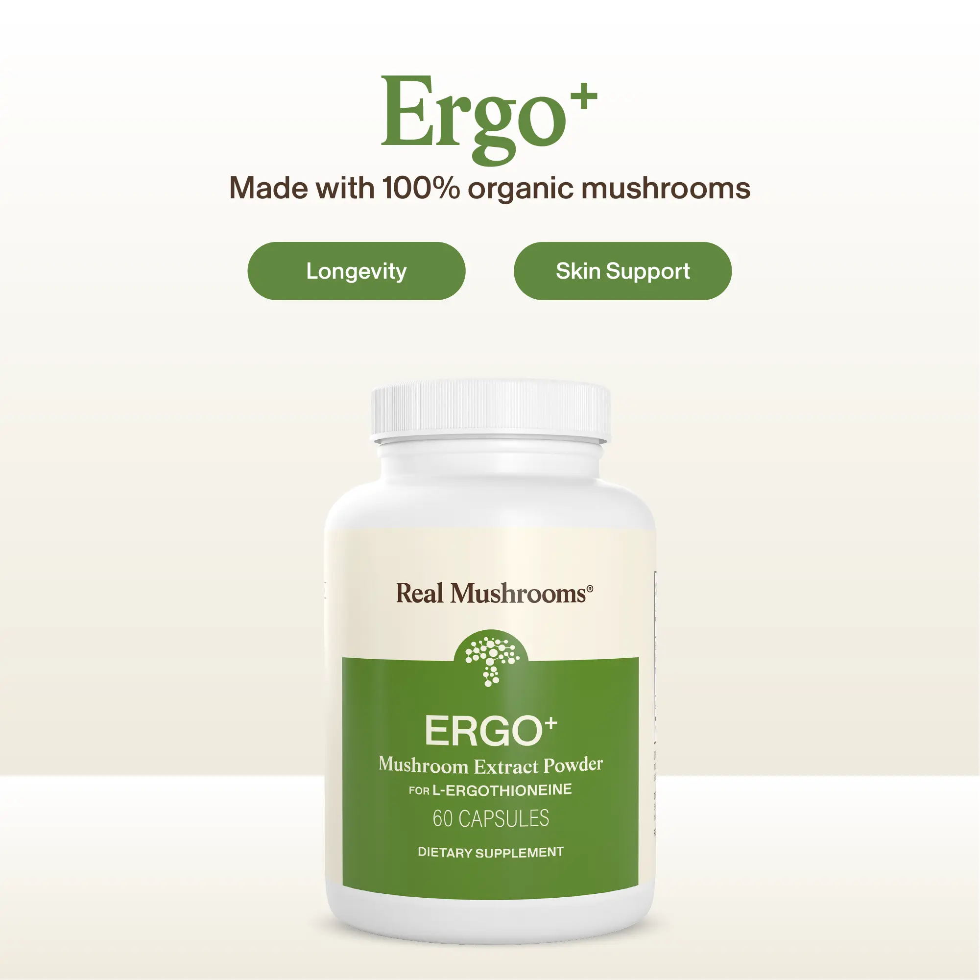 Real Mushrooms Ergo+ Capsules | L-Ergothioneine from Golden Oyster Mushrooms | Antioxidant for Healthy Aging & Cognitive Support | 100% Mushrooms