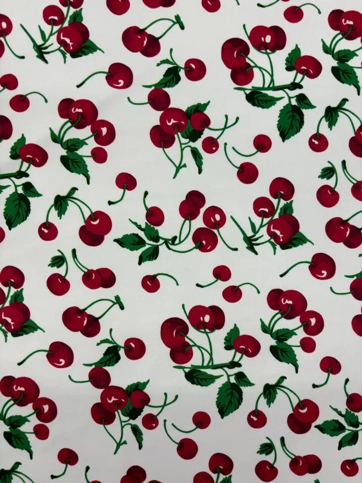 Cherry Printed Spandex Soft Medium to Heavy Weight Four-Way Stretch Fabric for Swimwear Dance Wear Leggings Active Wear & Costumes 80% Polyester 20% Spandex 230 GSM 58"/60" Width