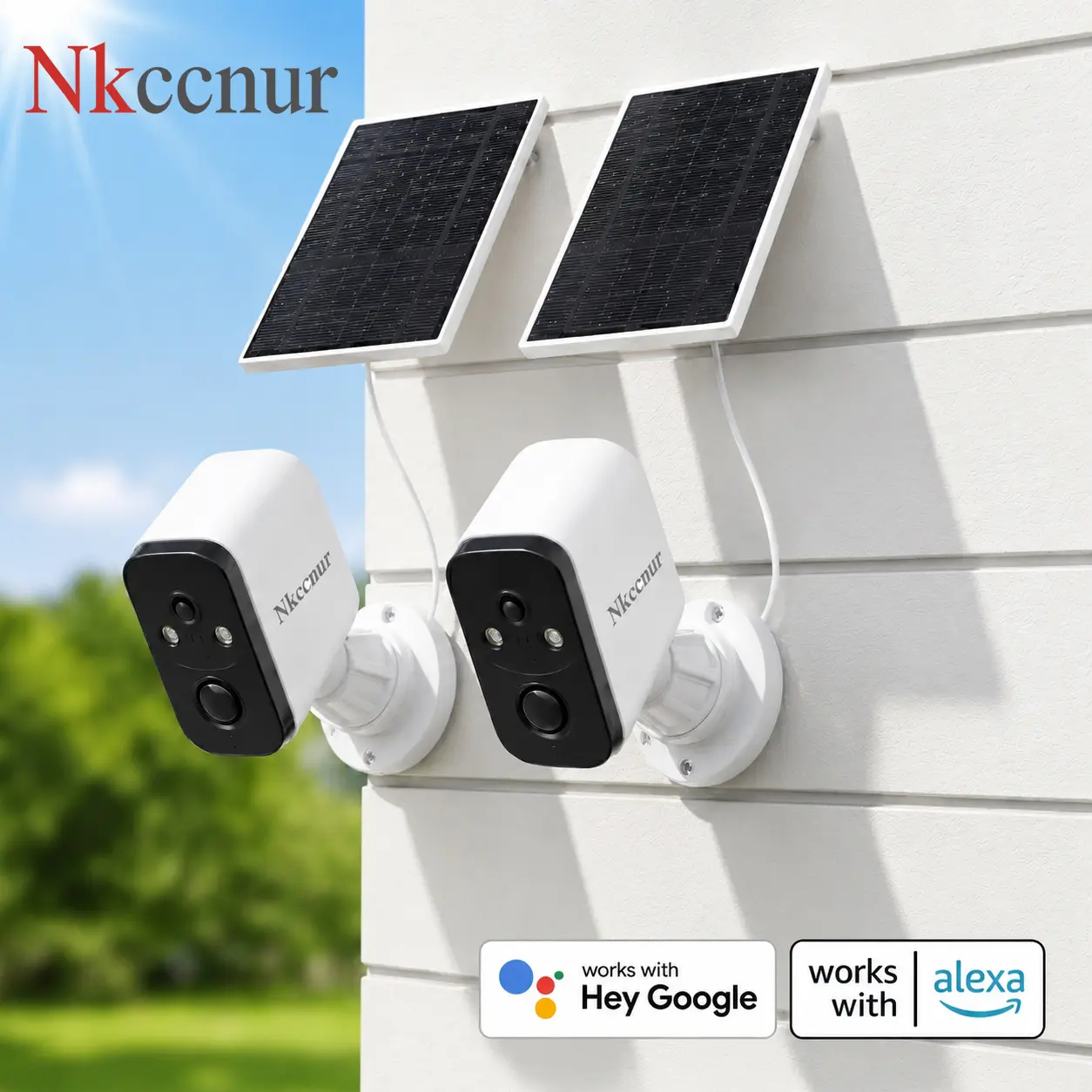 NKccnur Solar Wireless Security Camera Outdoor, Solar Powered WiFi Home Surveillance Camera with AI Motion Alert, Color Night Vision, 2-Way Audio, IP66 Waterproof, Cloud Storage