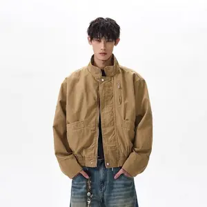 Spring Autumn Men's Casual Trendy Washed Vintage Stand Collar Zipper Canvas Jacket New Fashion Vintage Bomber Coat Male