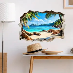 3D Tropical Beach Wall Sticker, PVC Reusable Decal, Irregular Shape, Home Decor, Beach Theme Decoration, Perfect for Living Room & Bedroom