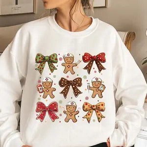 Christmas Gingerbread Coquette Sweatshirt, Cute Bow Holiday Sweater for Women, Festive Gingerbread Nurse Crewneck, Cozy Christmas Gift
