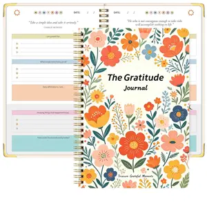 Daily 5-minute gratitude practice, colorful floral design, with motivational prompts and quotes, bringing more joy, affirmation, mindfulness, and reflection, a personalized self-care gift
