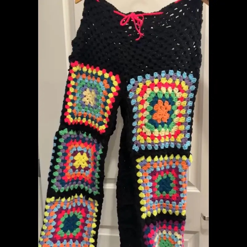 Crochet Granny Square Pants, Casual Loose-Fit Bottoms for Women