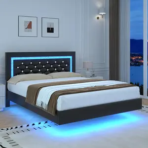 HOMBCK Floating Bed Frame with LED Lights, Upholstered Morden Platform Bed with Diamond Tufted Headboard, No Box Spring Needed, Noise Free, Easy Assembly