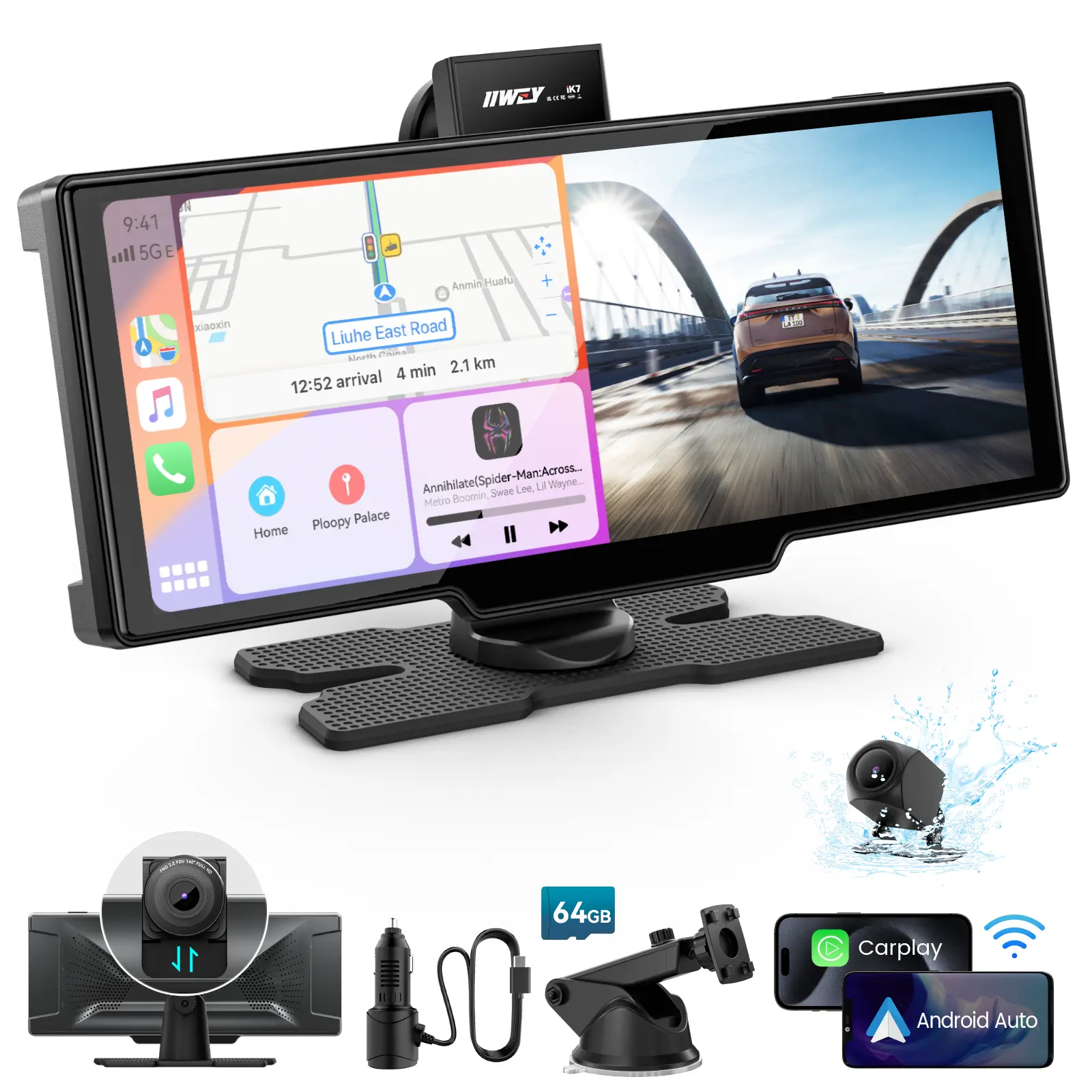 【IIWEY iK7】10in Portable Car Stereo Car Accessory with 4K Dashcam, 1080P Backup Camera, Wireless Apple CarPlay, Android Auto, 64GB Storage, GPS Navigation, Voice Control, Music Playback, Mirror Link, Free Memory Card Included, Car Accessories