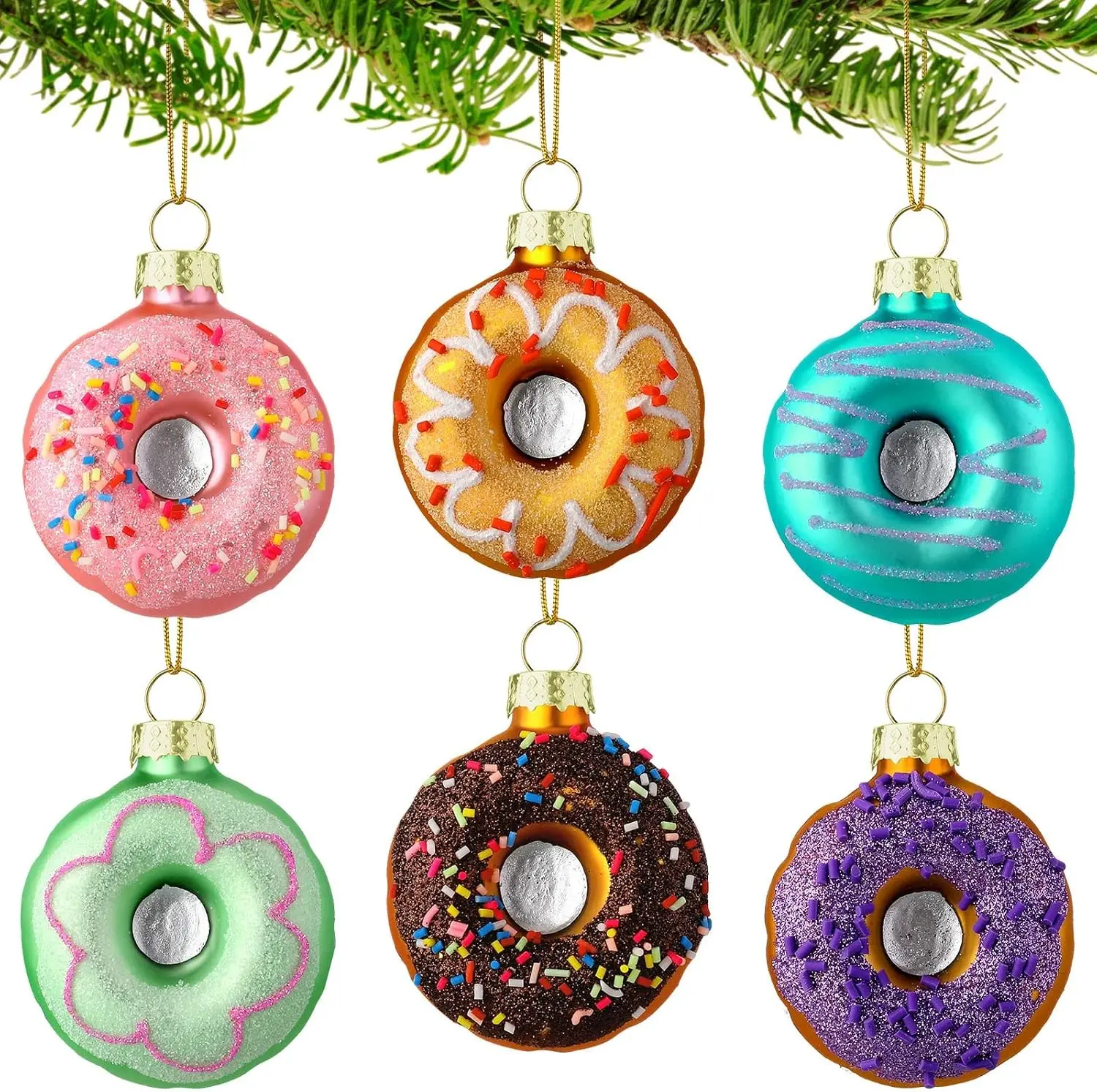 6 Pack Donut Style Mini Blown Glass Christmas Cupcake Donut Hanging Ornaments Set for Xmas Tree Home Birthday Party Decoration