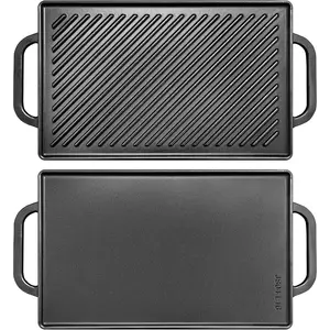 Cast Iron Reversible Grill Griddle,Double Sided Grill Pan  for Gas Grills and Stove Tops, 13 x 8.25 Rectangular Baking Flat and Ribbed Griddle Plate