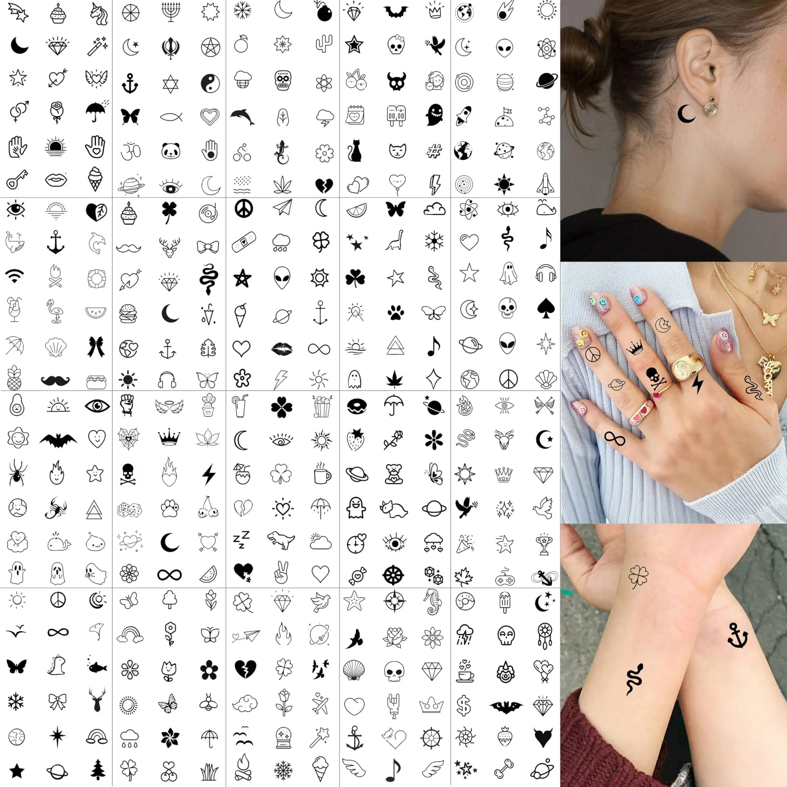 Bulk Temporary Tattoo Kit - 28 Sheets (504 PCS) Tiny Waterproof Fake Stickers, Black Long-Lasting Vintage Designs with Flower, Dinosaur, Gothic, Weather, Whale Themes for Kids, Teens, Halloween Festive & Party Supplies, Neck Tattoos
