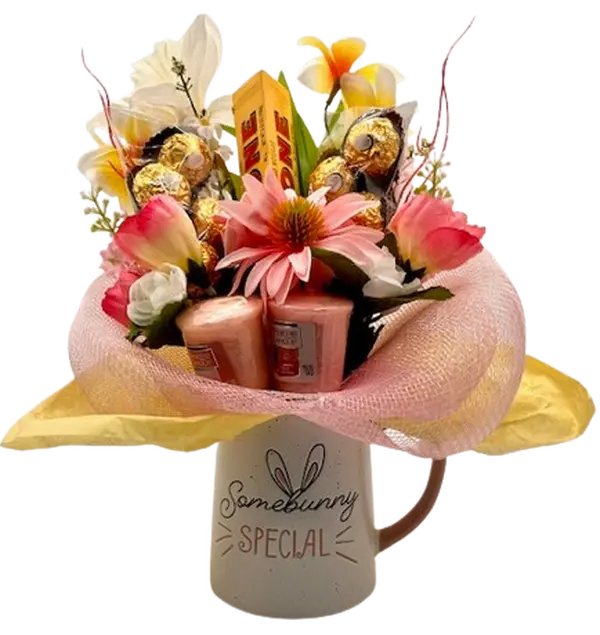 Somebunny Special Bouquet Gift Set with 20 oz Ceramic Mug, Toblerone & Ferrero Rocher Chocolates, Yankee Candles, and Silk Flowers