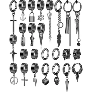 Cassieca 25pcs Punk Clip on Earrings for Men Women Stainless Steel Cross Chain Dangle Earrings Black Fake Earrings Non Pierced Huggie Hoop Earrings Set Daily Halloween