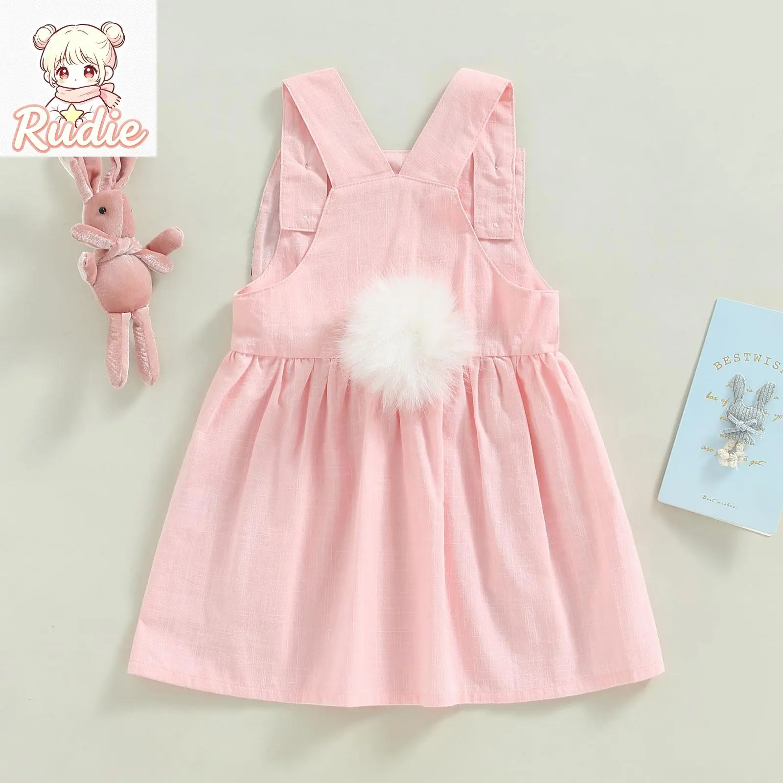 Toddler Girl's Easter Suspender Dress - Sleeveless Square Neck Tops with Bunny Motif, Strap-On Cute Overall Dress for Kids' Holiday Outfits