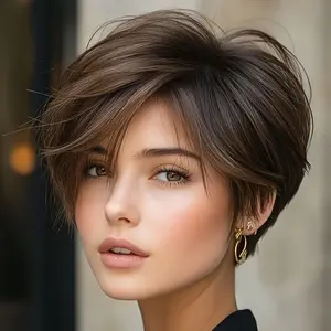 New Arrived Women'S Natural-Looking Dark Brown Elf Cut Wig - Glueless Human Hair Wig with Rose Mesh Cap, No Glue Needed, Everyday & Party Hairstyle, Voluminous Density () for Weddings, Formal Events, Casual Attire - Elegant Short Hairstyle, Special Occasi