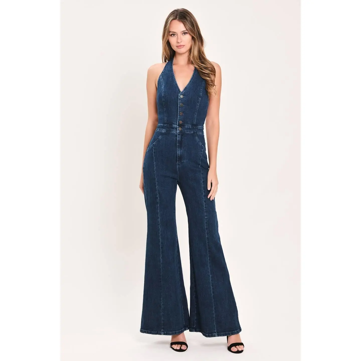 HALTER DENIM AMELIA FLARE JUMPSUIT