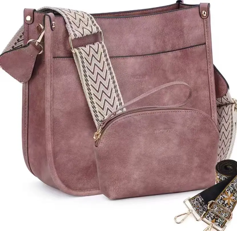 HKCLUF Crossbody Bag Purse for Women 2PCS/Set Leather Hobo Handbag Wallet Set With Adjustable Guitar Strap Shoulder Bag