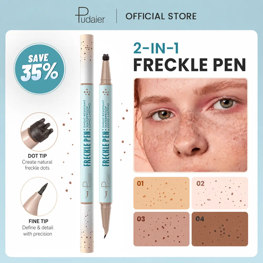 Pudaier 2-in-1 Sun-Kissed Freckle Stamp Pen Cosmetic - Dual-Ended Eyeliner & Lip Liner, #01 Caramel & #03 Chestnut, 0.8G, Easy Application, Fast Use, Waterproof, Smudge-Proof, Blendable Natural Faux Freckles, Coffee Shade, Vegan, Cruelty-Free, Single Item