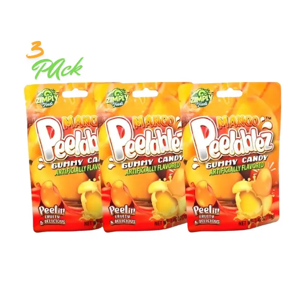 Peelablez Mango Fruit Candy - 3-Pack Resealable 2.46 Oz Chewy Gummy Sweets, 4D Fun Shapes & Textures, Real Mango Flavor ASMR Food Sweet Snack, Easy To Share