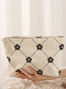 Floral Printed Corduroy Makeup Bag, Cartoon Style, Cute Lightweight Multi-Functional Fashion Casual Cosmetic Bag, Travel Organizer