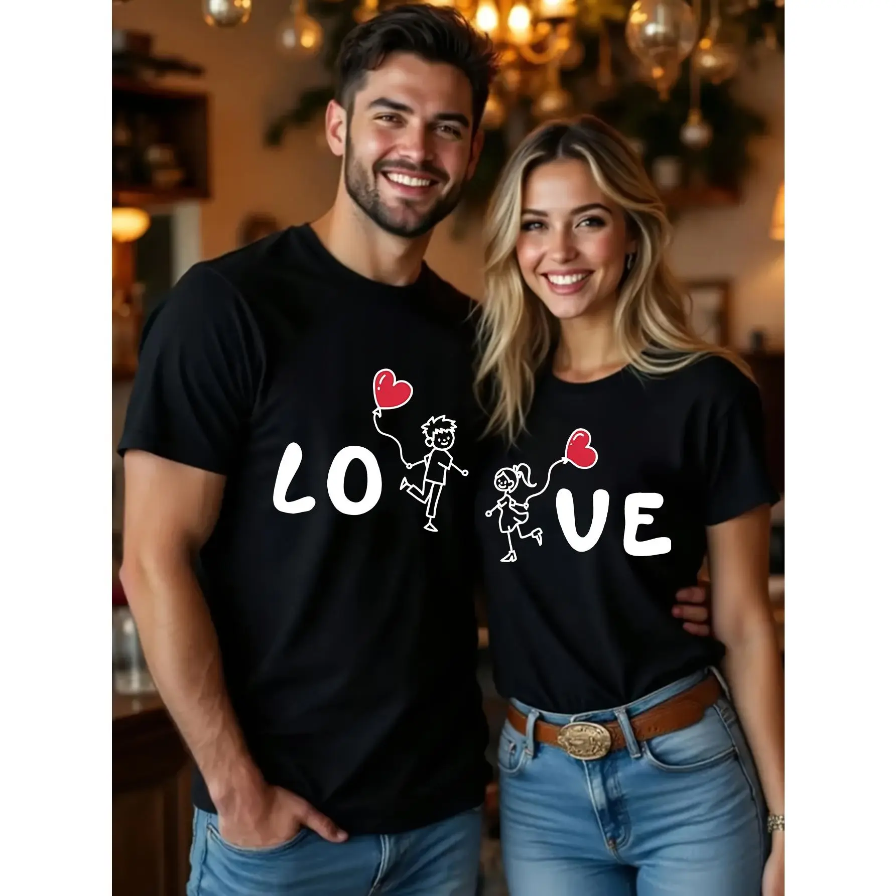 Couple's Round Neck Short-Sleeve Sports T-Shirt - LOVE Heart Cartoon Pattern, Sarcastic Quote, Unique Funny Design, Soft Comfortable Fabric, Beach-Friendly, Fashion-Fit, Casual Clothes, Machine Washable, Valentine's Day Essential, Shortsleeve