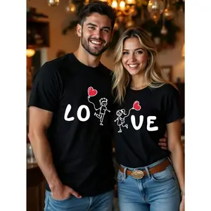 LOVE Heart Cartoon Character Pattern Couple Valentine'S Day Round Neck Casual Short Sleeve T-Shirt