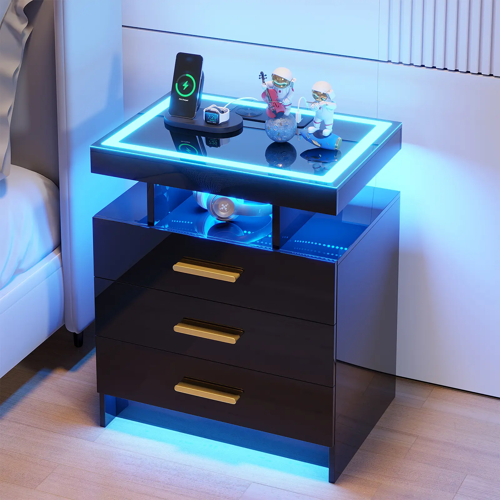 Dystler LED Nightstand with Wireless Charging Station, Auto Sensor 3 Color Dimmable Night Stand, Modern Bedside Table with 3 Drawers & 3 Open Compartments for Bedroom