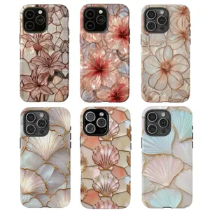 Faux Hibiscus Iridescent And Seashell Stained Glass Phone Case (PRINT), Faux Mosaic Coastal For iPhone 17 16 15 14 13 12 11