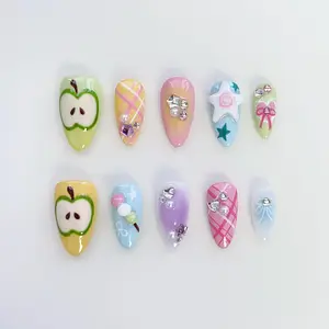 Summer Cute Apple Press On Nails Short Almond Nails/Apple Nails/Cute Nail/Green Nails/Summer Nails/Holiday Nails/Spring Nails/Birthday Nails