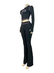 Trendy New Style Solid Color Women's Sexy Straight Shoulder Stitched Two-Piece Long Sleeve Matching Set, Fashionable Casual Outfit