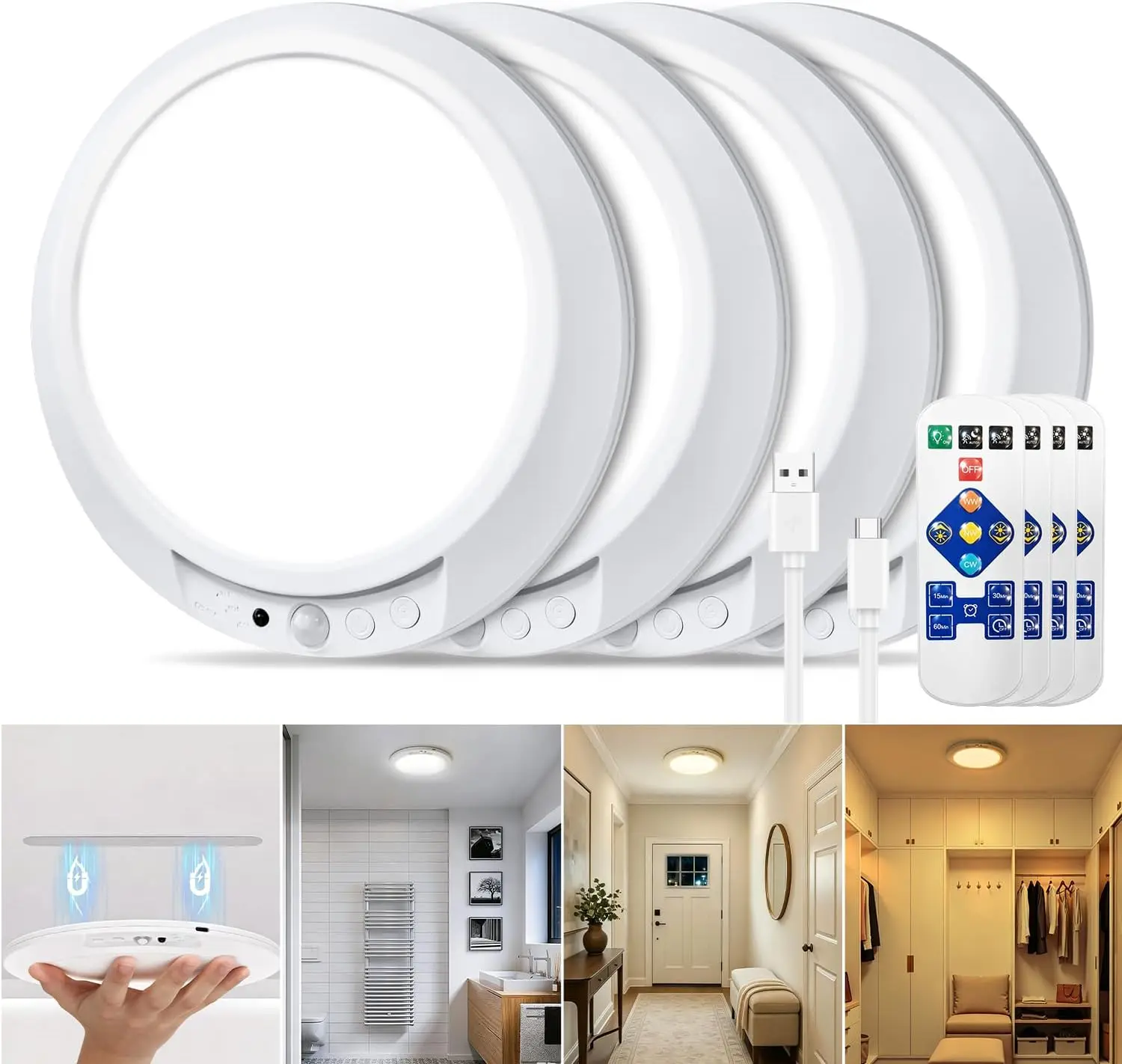 Rechargeable Motion Sensor Ceiling LED Light - Wireless Battery-Operated Flush Mount Lamp with Remote, 3-Color Dimmable Indoor Lighting for Closet, Hallway, Intelligent Sensing & Decorative LED Sensor Specialty Lights, Ideal Moving Gift, Led Lights