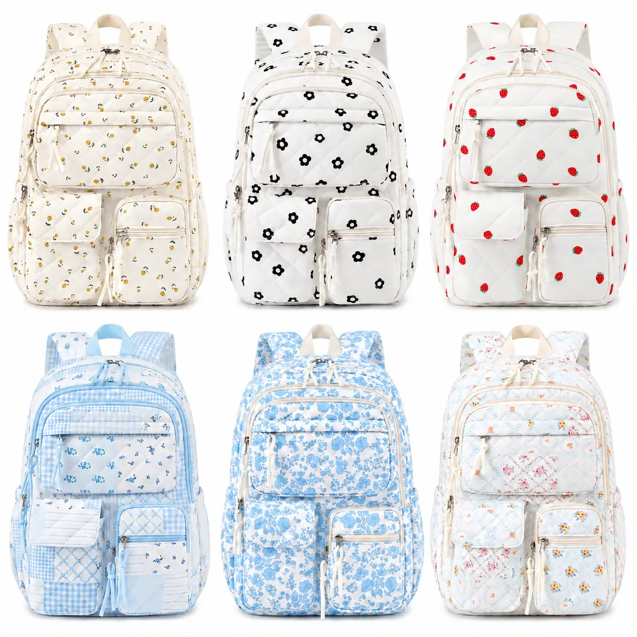 Similove 3PCS Quilted Floral Backpack Bundle Set with Lunch Box & Pouch, Women Treval/Work Backpack, Birthday's Gift,dorm room inspo,college dorm essentials,dorm haul