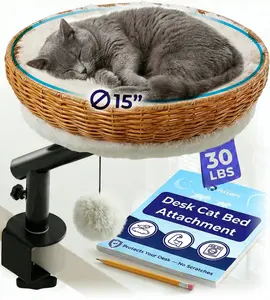 PetLovers Cat Desk Bed - Rattan Elevated Desk Cat Bed Attachment with Removable Washable Cushion, 360° Swivel Arm, Secure Clamp - Keeps Your Cat Close While You Work or Play