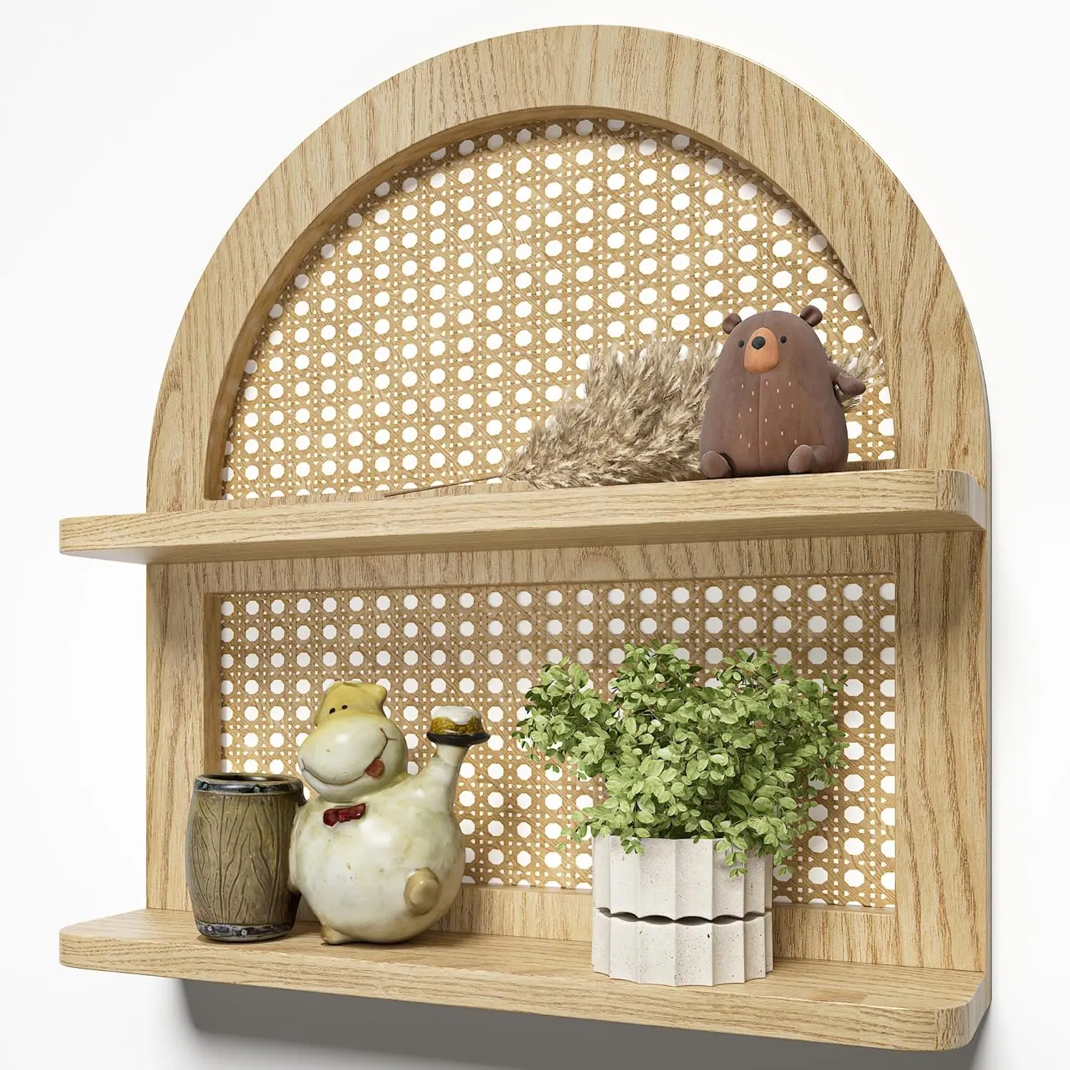 Boho Rattan Wall Shelf - 2-Tier Arched Wicker Floating Shelf    Boho Shelf, Rustic Farmhouse  Decor Shelves Wall Mounted, Neutral Handcrafted (16''l  Color)