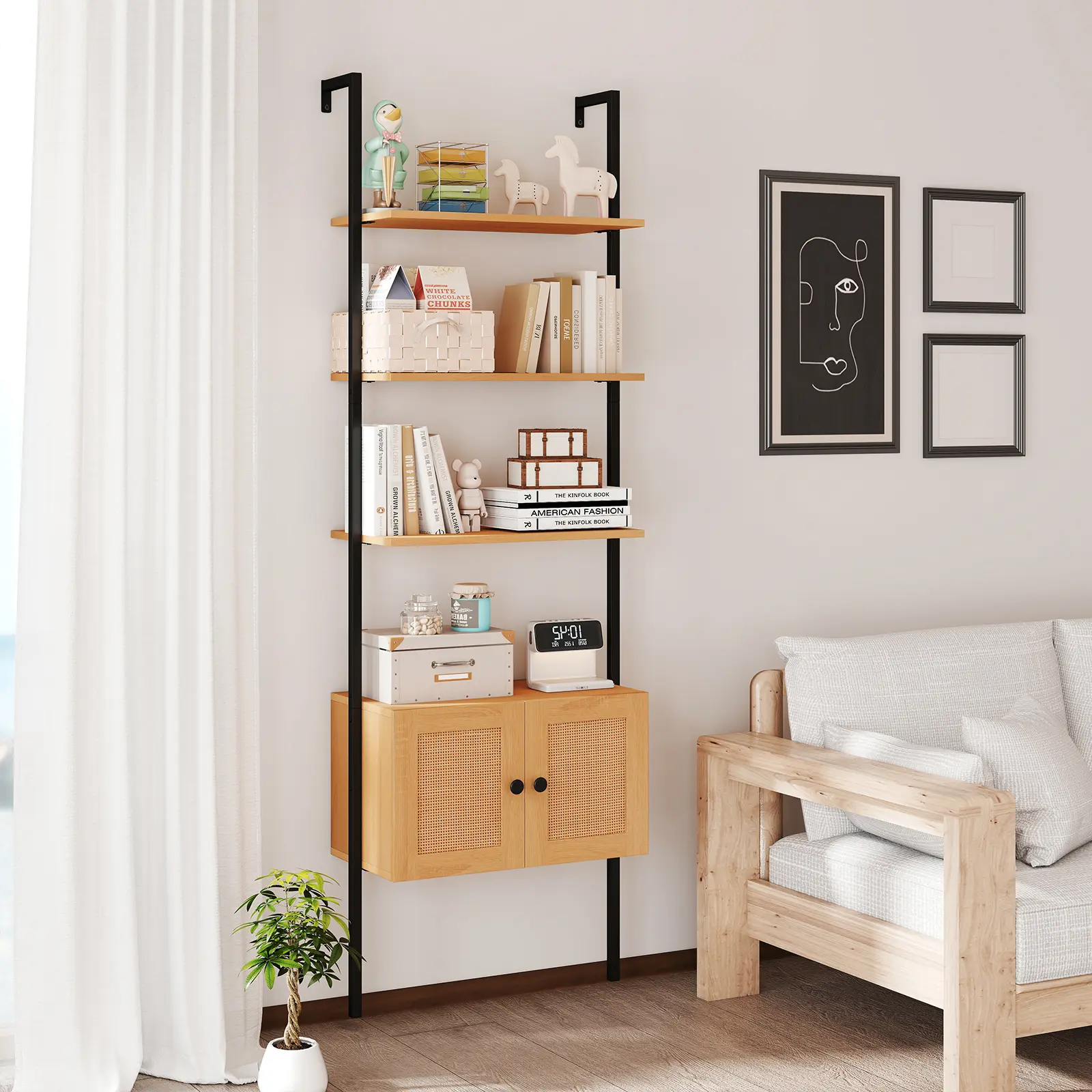 COSTWAY - 5-Tier Ladder Bookcase with Rattan Cabinet and Metal Frame-Natural